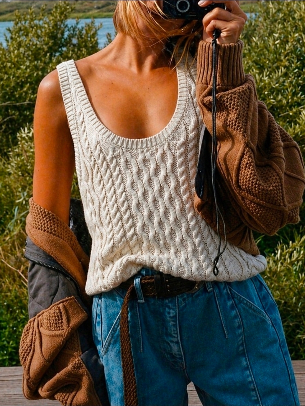 Free People High Tide Cable Tank Top In Cream | Medium,Large, X-Large NWT$78